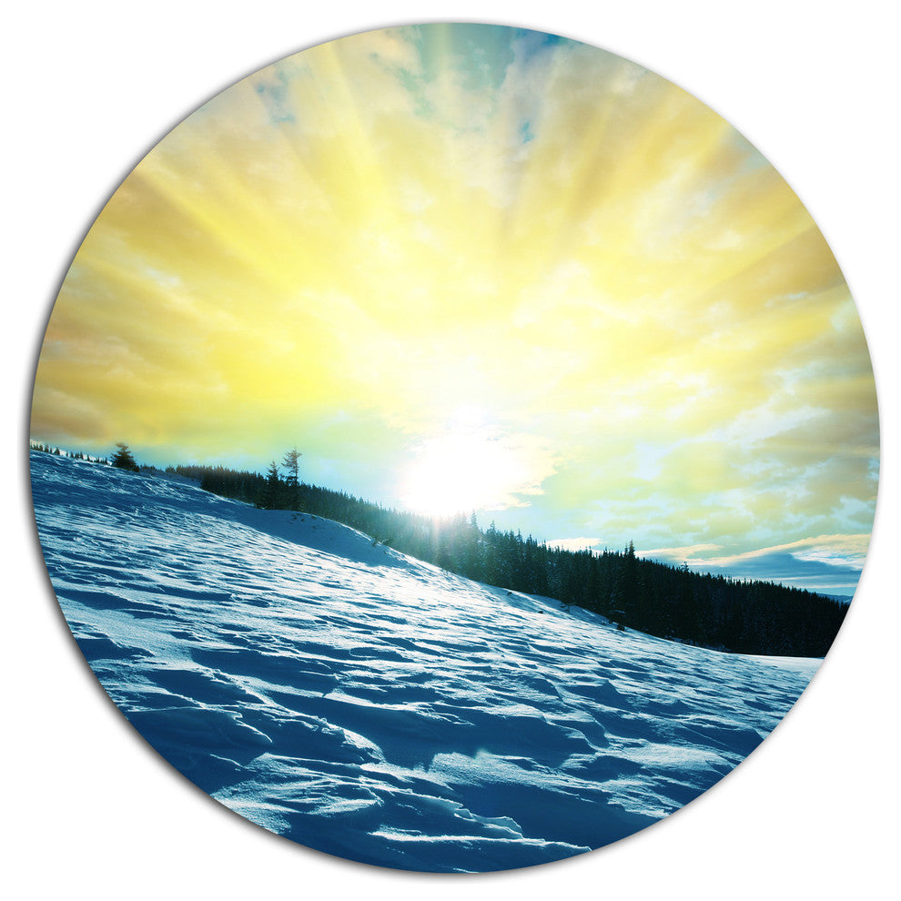 Winter With Blue Waters At Sunset, Seashore Disc Metal Wall Art, 36"