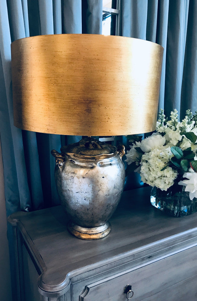 Gold and Antique Silver Large Drum Shade Table Lamp