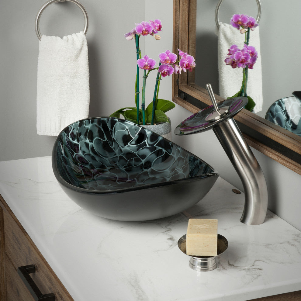 Tartaruga Oval Glass Vessel Sink Combo Set with Faucet and Drain, Brushed Nickel