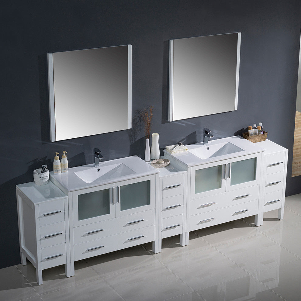 Torino 108" White Modern Double Sink Bathroom Vanity, Faucet FFT9151CH