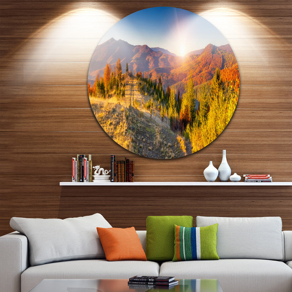 Majestic Fall Mountains Range, Landscape Round Metal Wall Art, 11"
