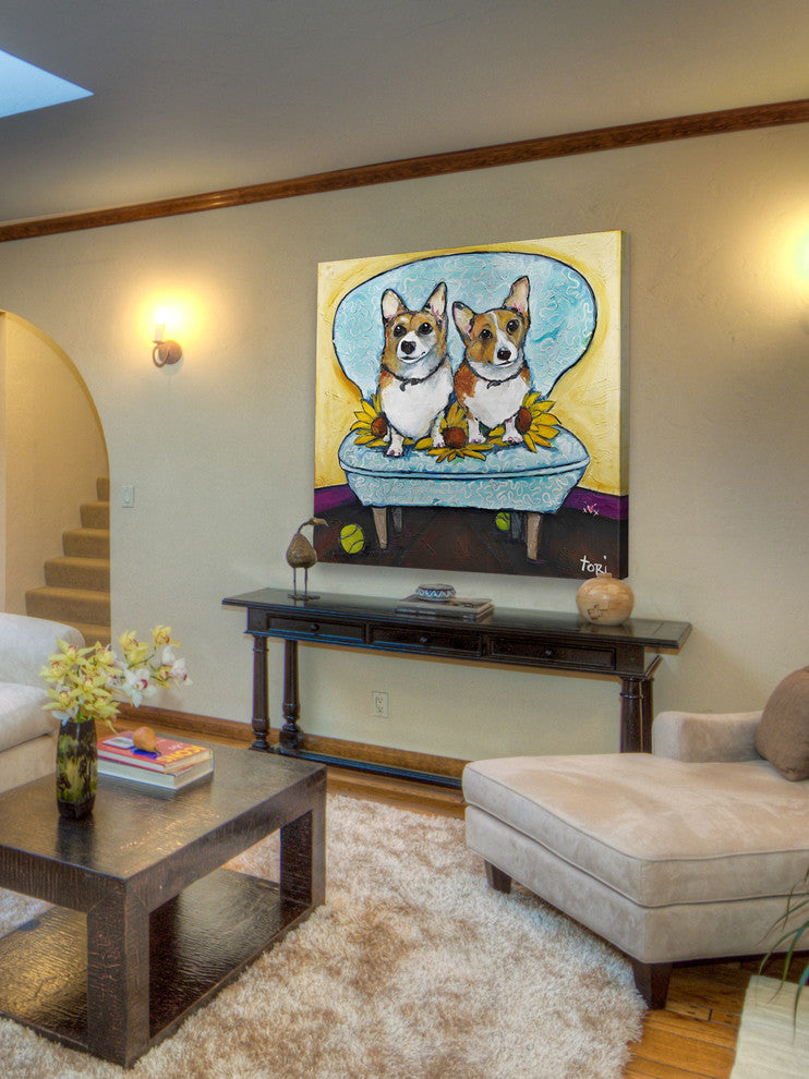 "Corgi's In Chai" Painting Print on Canvas by Tori Campisi