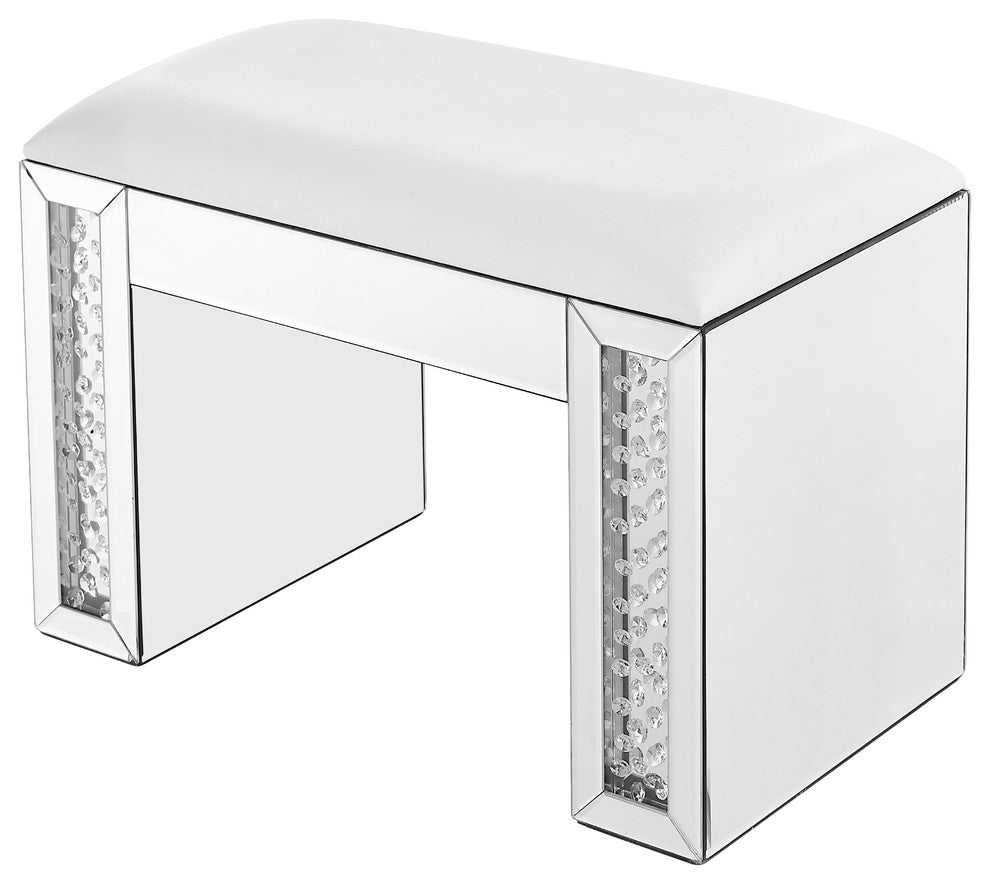 26" Crystal Vanity Leather Stool, Clear Mirror Finish