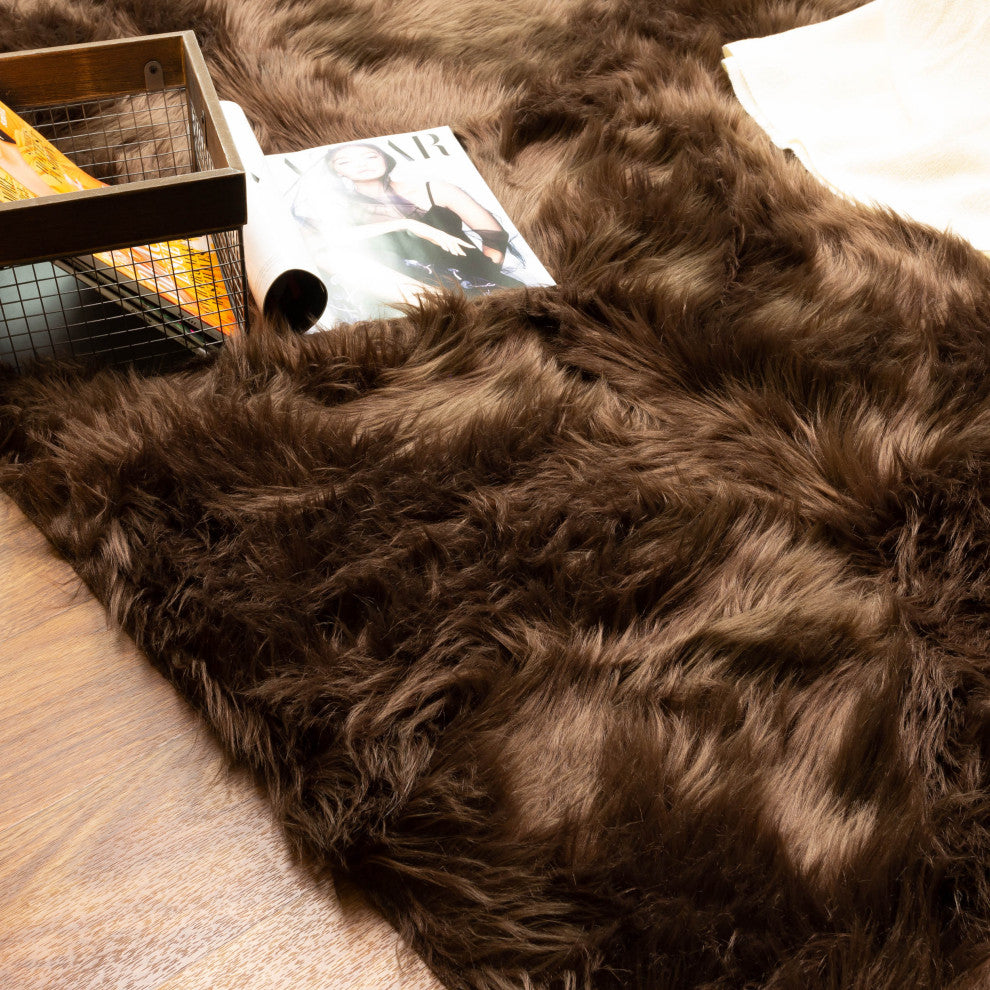 Plush and Soft Faux Sheepskin Fur Shag Area Rug, Dark Brown, 6' X 9'