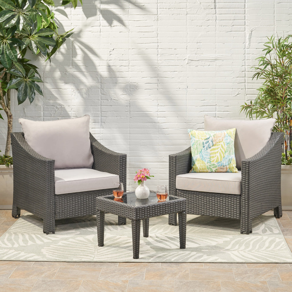 GDF Studio 3-Piece Antibes Outdoor Gray Polyethylene Chat Set