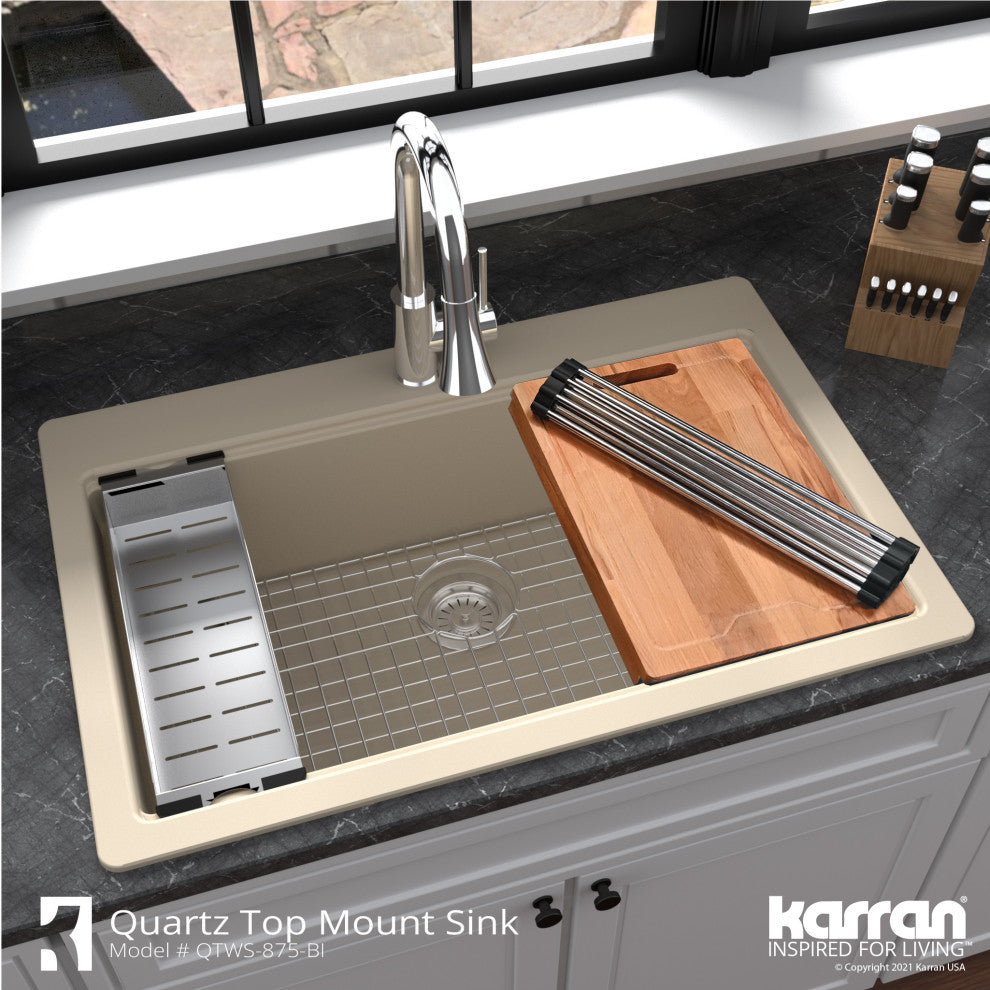 Karran Top Mount 33" Single Bowl Quartz Workstation Kitchen Sink, Bisque
