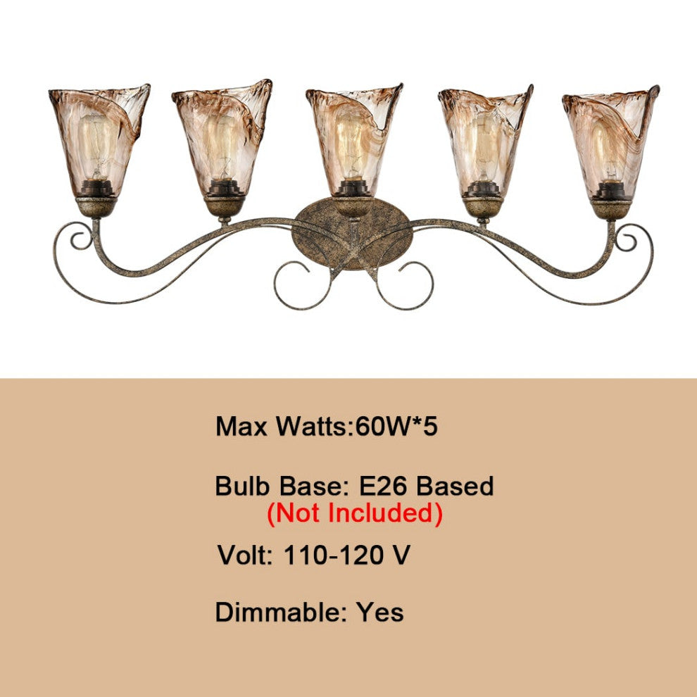 Art Deco Bathroom Vanity Lighting Amber Glass Shade - 5 Light
