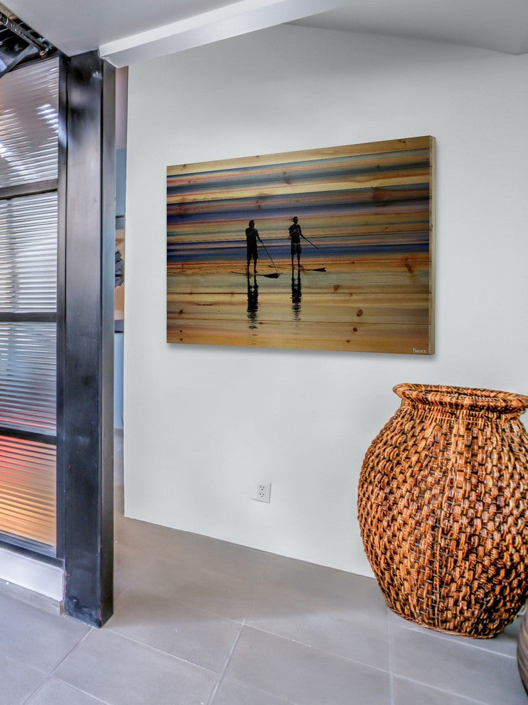 "Beach Surf" Print on Natural Pine Wood, 36"x24"