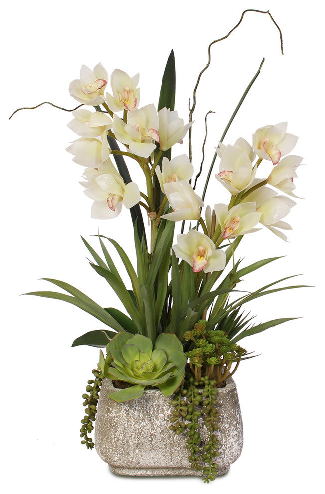 Real Touch White Cymbidium Orchids With Artificial Succulents in Concrete Pot