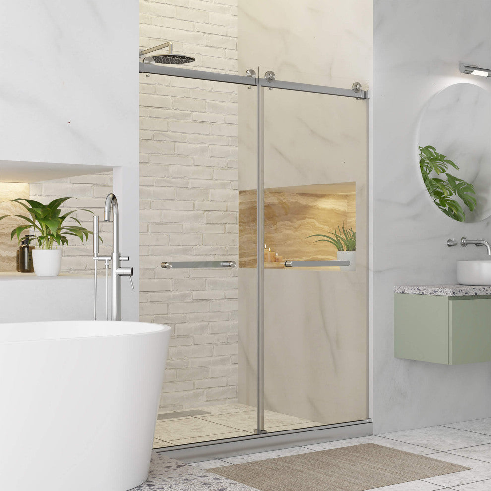 Frameless Clear Sliding Shower Door With Tempered Glass - Shower Bathroom Door, Satin Nickel, 60" X 80", Double Sliding Door
