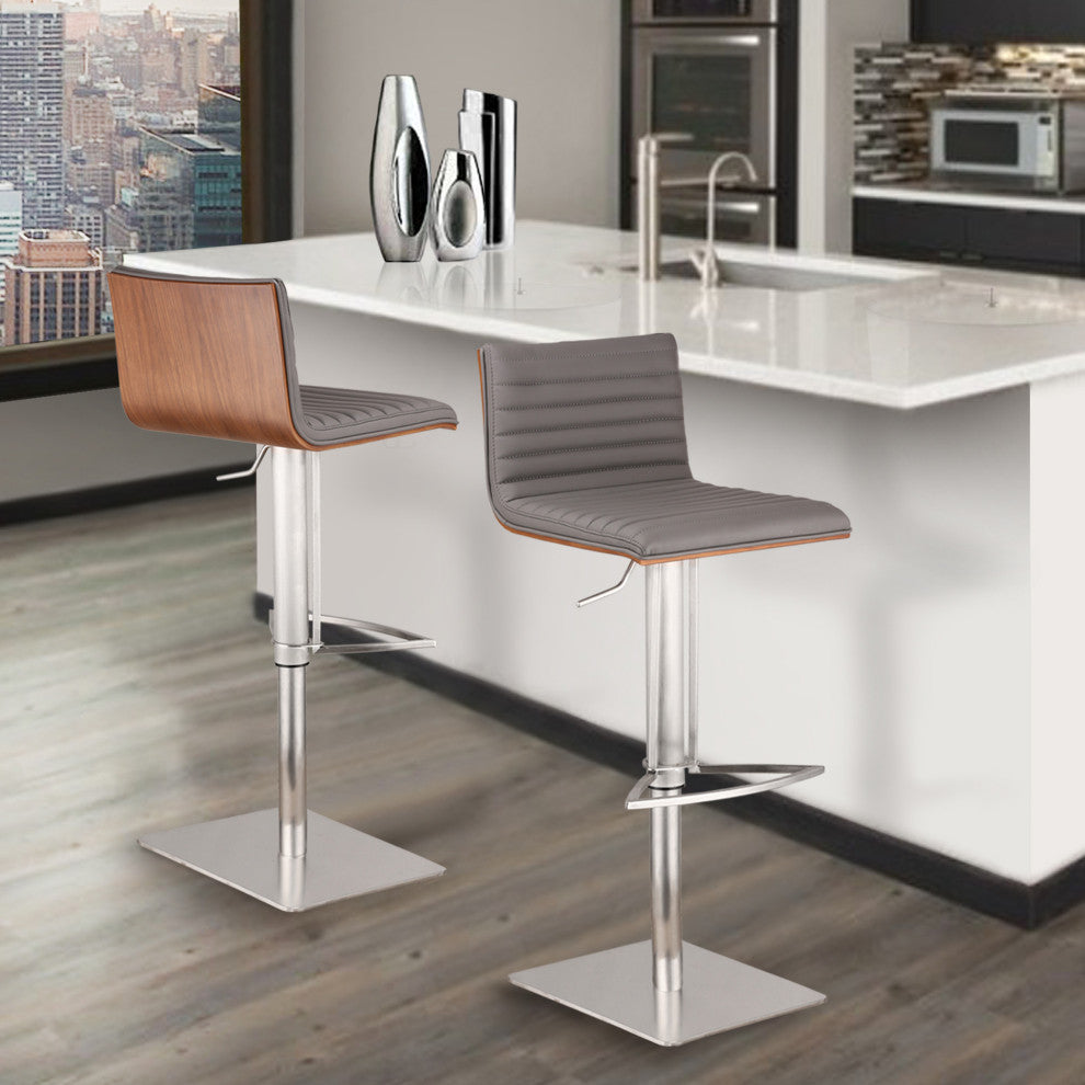 Gray Faux Leather Armless Swivel Bar Stool With Brushed Stainless Steel Base