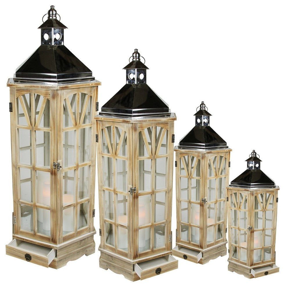Wooden Garden-Style Round Lanterns With Silver Handles, Set of 4, 19-50"
