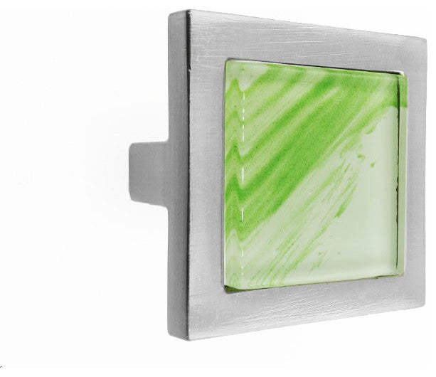 Hand Brushed Green Tilted Stroke Crystal Glass Brushed Nickel Square Manor Knob