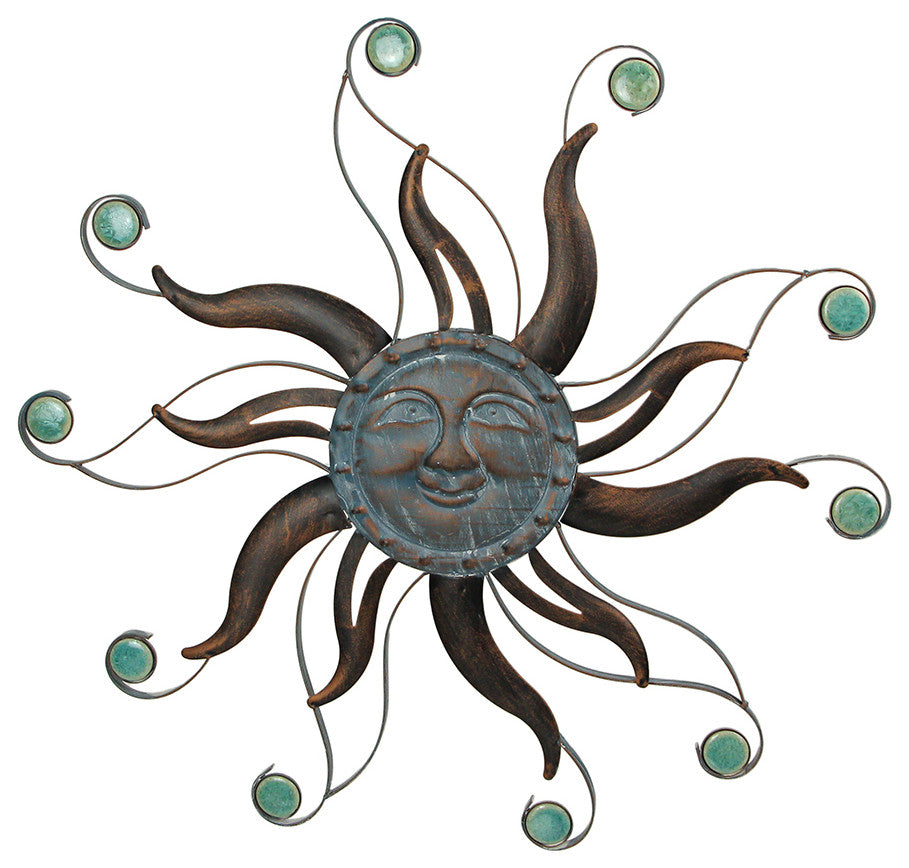 Antique Copper Finish Metal Sun Face Wall Hanging With Ceramic Bead Accents