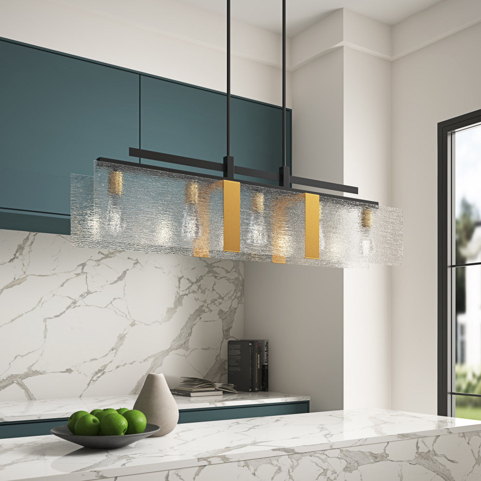 Farmhouse Matte Black 5-Light Rectangle Glass Chandelier for Kitchen Island