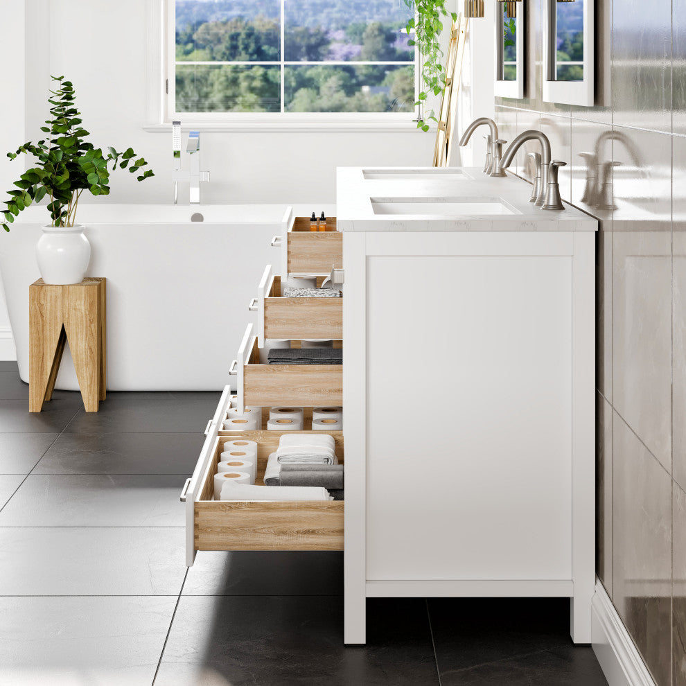 Eviva Aberdeen 78" White Double Sink, Quartz Top