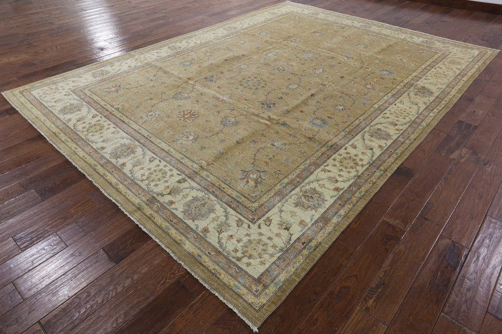 Gold Chobi Peshawar Hand-Knotted Oushak Style Wool Rug, 9'x12'