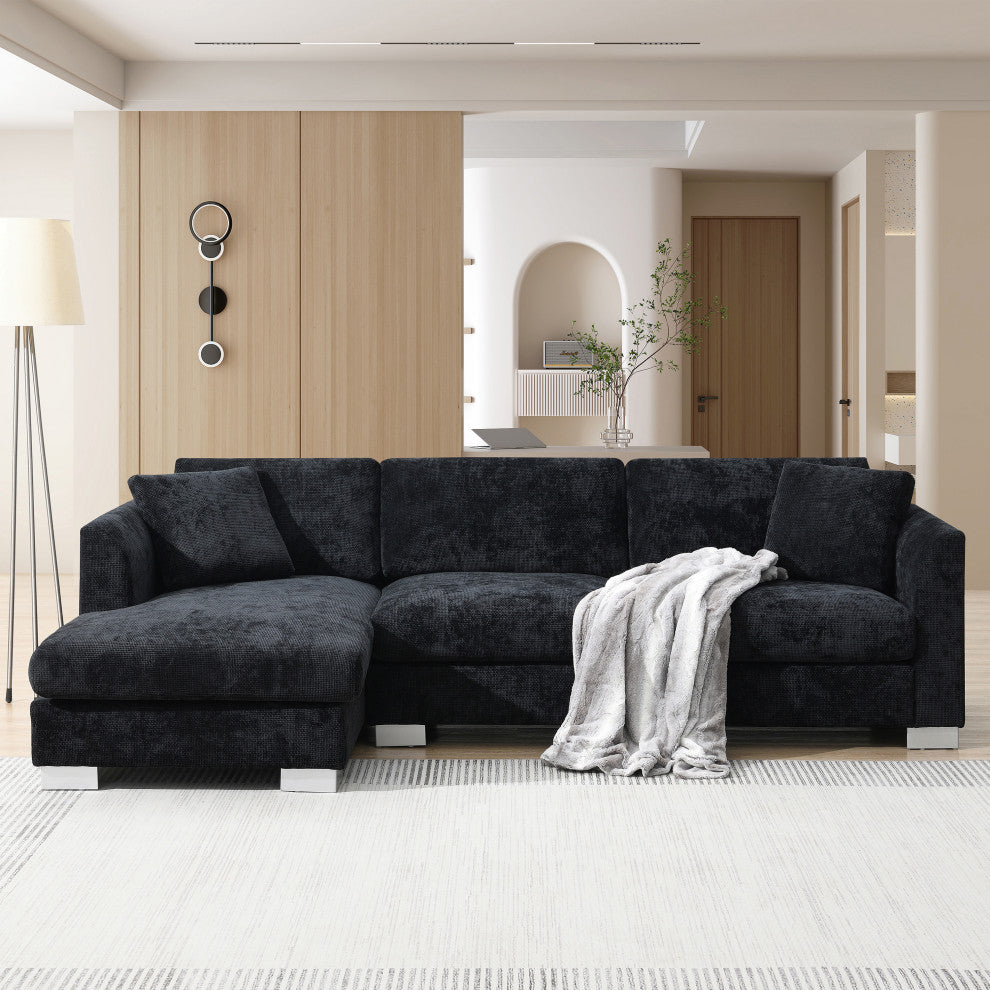Alice Modern L-Shaped Cloud Chenille Sectional Chaise Sofa With 2 Pillows, Black