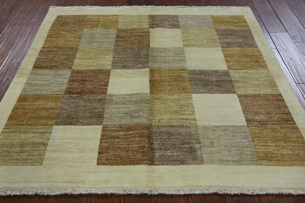 Ivory & Earth Tone Squares 5' Square Gabbeh Hand Knotted Wool Area Rug H8564
