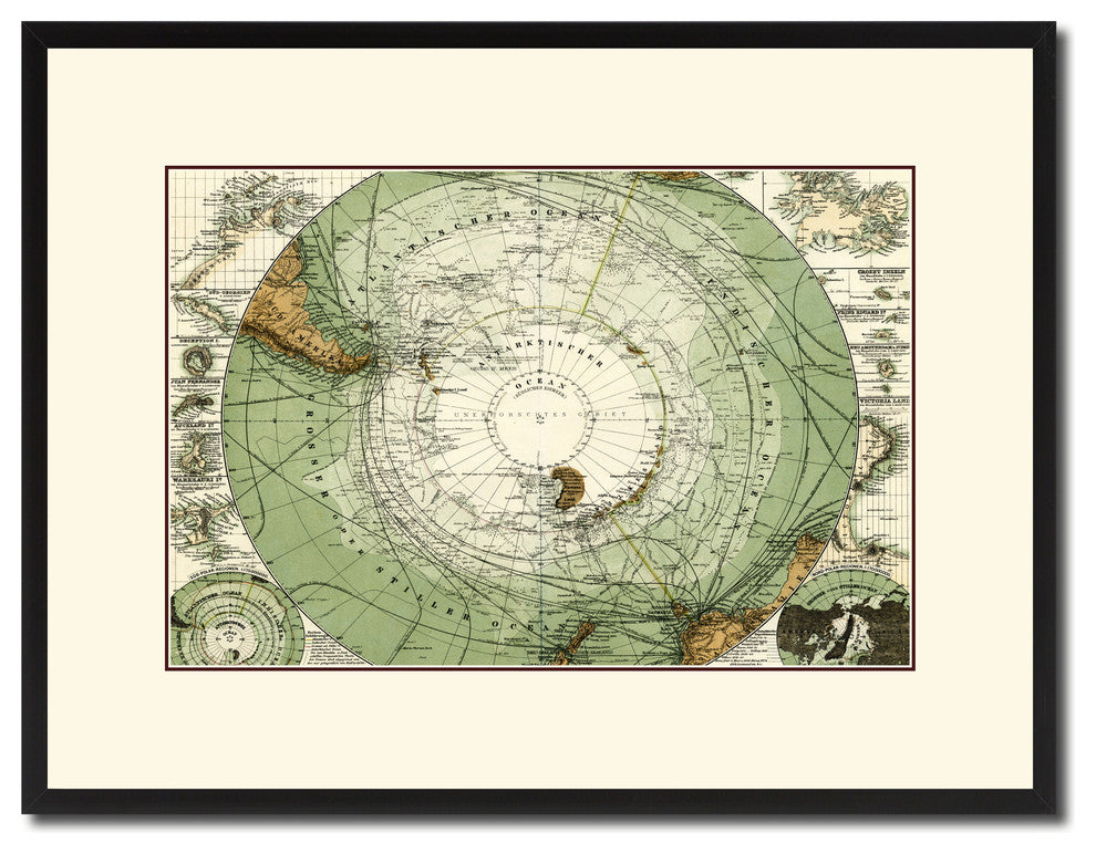 Antarctica South Pole Vintage Antique Map Wall Art, 16"x21"