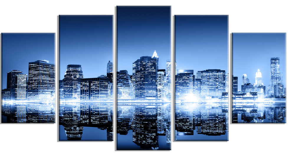 "Night New York City Mirrored" Cityscape Artwork Canvas, 5 Panels, 60"x32"