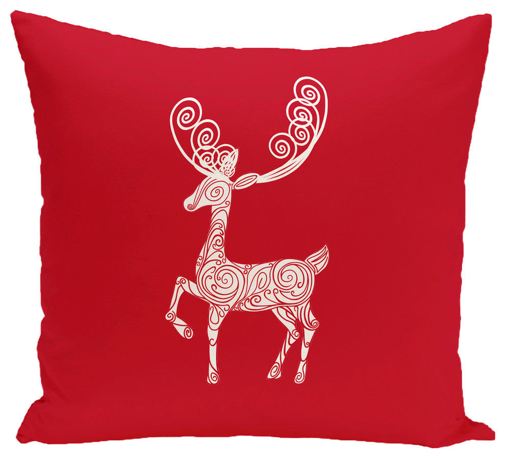 Deer Crossing, Decorative Holiday Animal Print Pillow, Red, 18"x18"