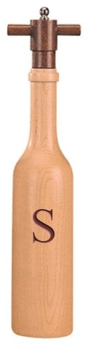 Wine Bottle Maple Wood Pepper Grinder, Custom Personalized Initial,  "S"