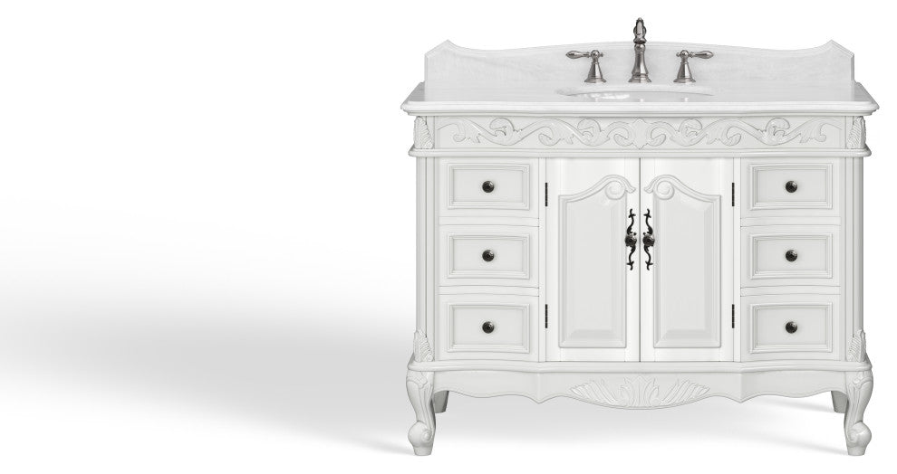 Antique White Traditional Style Single Sink Beckham Bathroom Vanity, White, 42", Single Sink, With Mirror, Freestanding