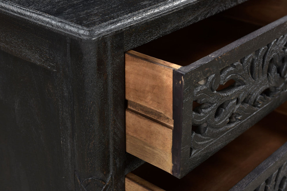 Delaney 3 Drawer Carved Nightstand, Distressed Black