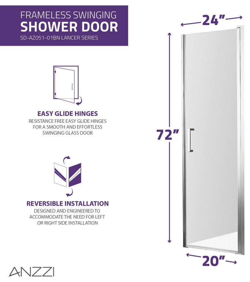 ANZZI Lancer Semi-Frameless Hinged Shower Door, Brushed Nickel, 23" X 72"