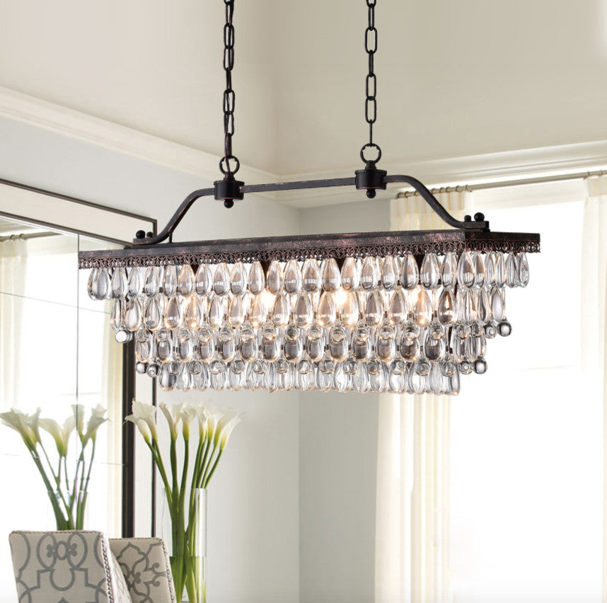 4-Light Antique Bronze Rectangular Crystal Chandelier Dining Room Fixture Glam