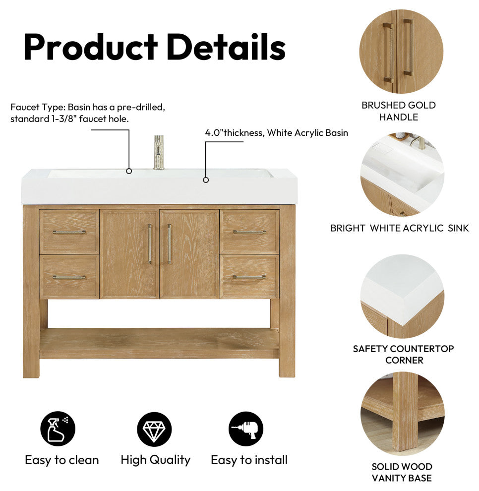 Vera Bath Vanity with Stone Top, Washed Ash Grey, 48", Single Vanity, No Mirror