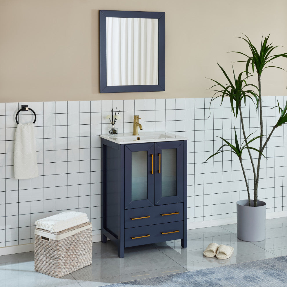 Vanity Art Vanity Set With Ceramic Top, 24", Blue, Standard Mirror