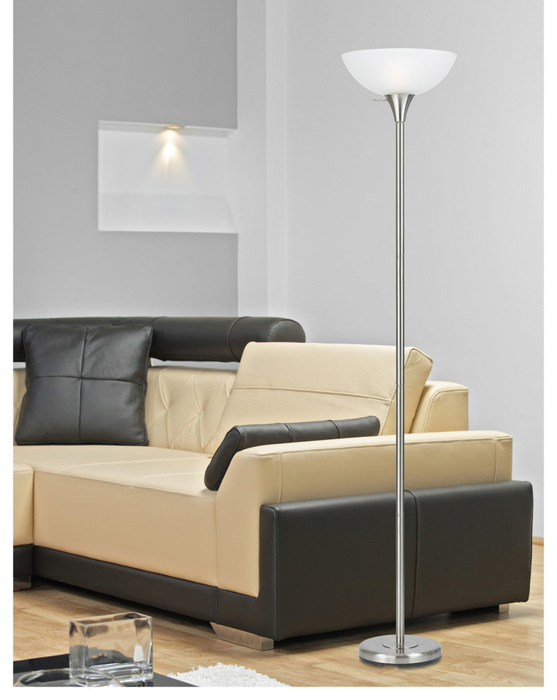 150W 3 Way Metal TR Lamp with Glass Shade, Brushed Steel Finish, White