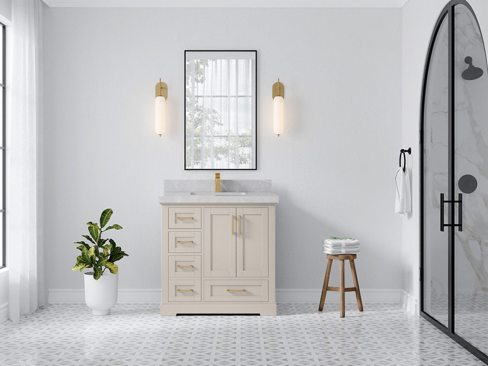 Boston 36" Center Sink Bath Vanity in Fine Grain 2" Pearl Gray