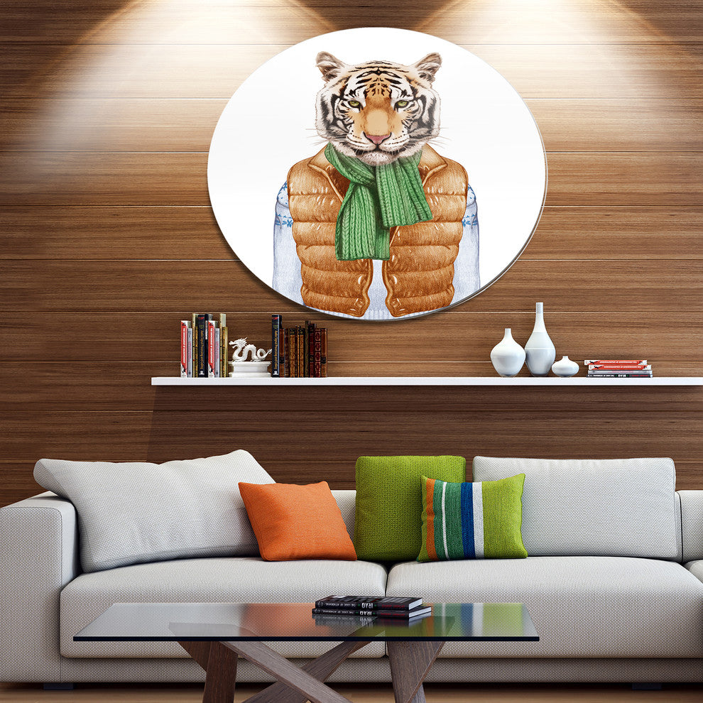 Tiger In Vest And Sweater, Animal Art Round Metal Wall Art, 36"