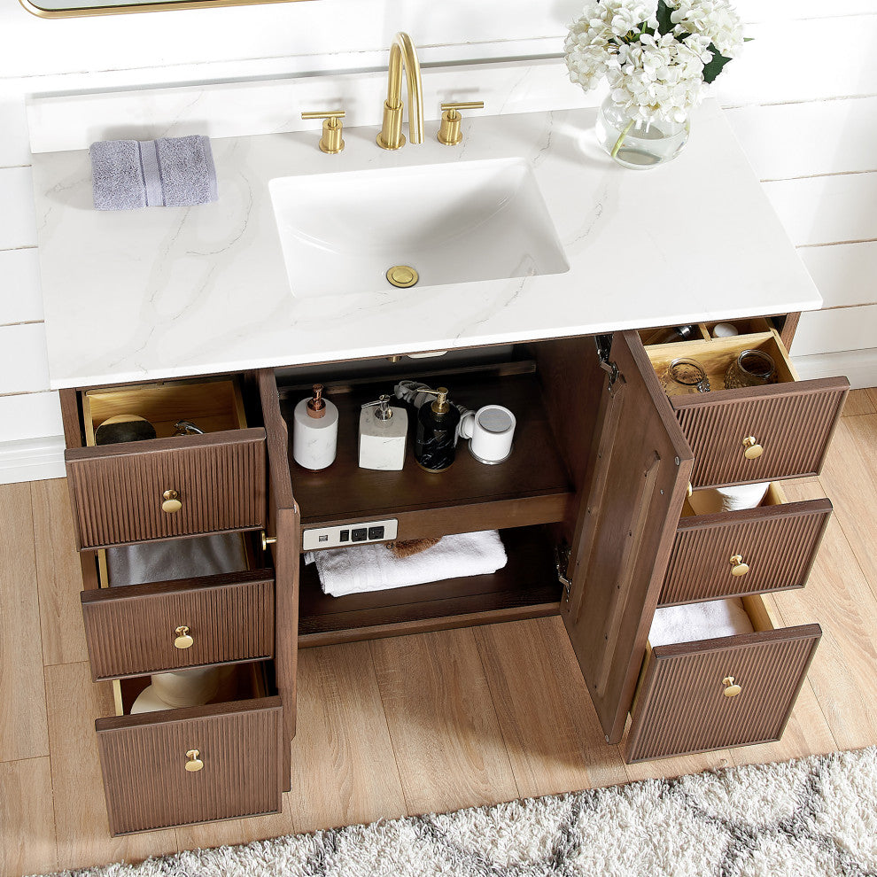 Oza Bath Vanity with Quartz Stone Top, Aged Dark Brown Oak, 48", Single Vanity, With Mirror