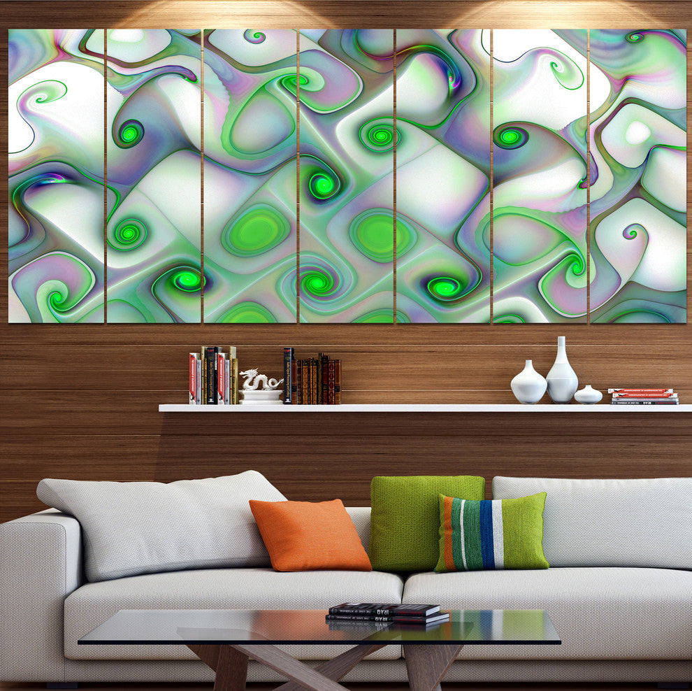 White Green Pattern with Swirls, Abstract Wall Art Canvas, 83"x32", 7 Panels
