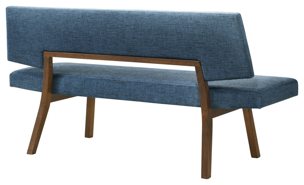 Channell Wood Dining Bench, Walnut Finish With Blue Fabric