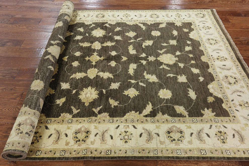 Hand-Knotted Floral Oushak Veg Dyed Chobi Peshawar Oriental Wool Rug, 6'x8'