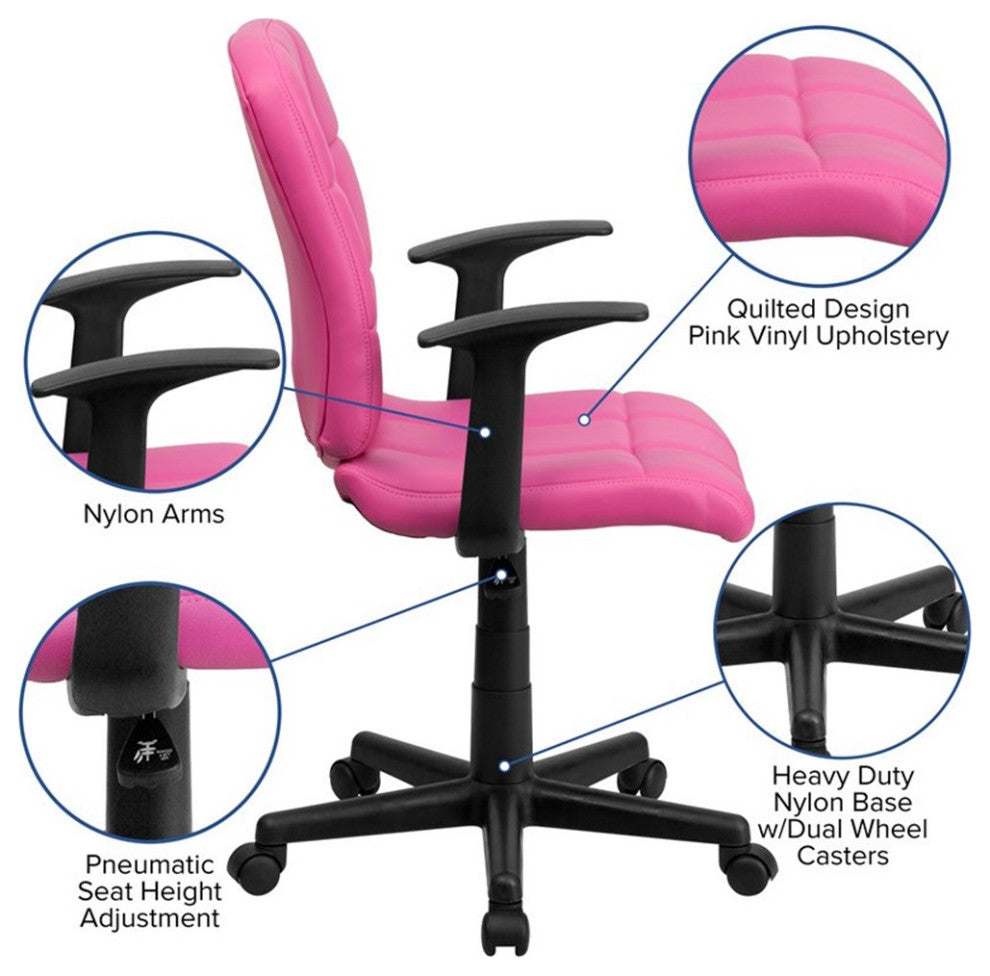 Flash Furniture Mid Back Quilted Office Swivel Chair with Arms in Pink