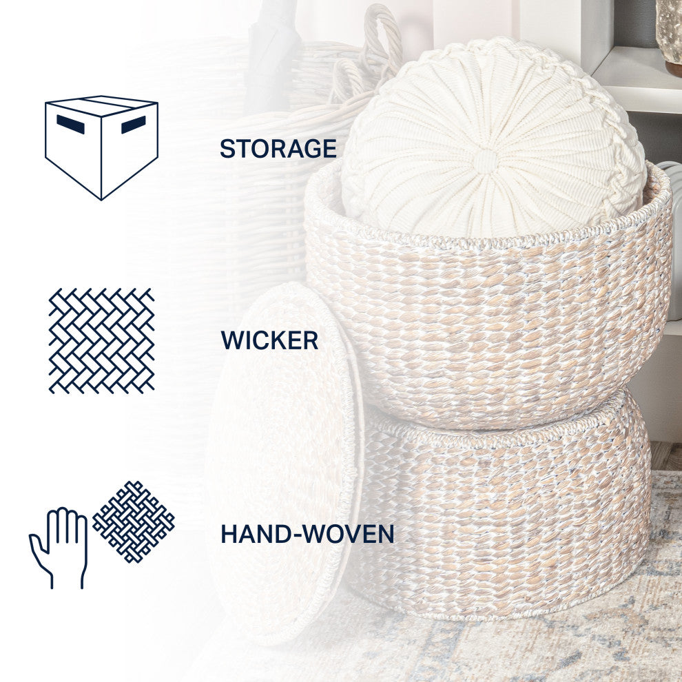 Bhola Hourglass Handwoven Hyacinth Storage Accent Table with Lid, White Wash