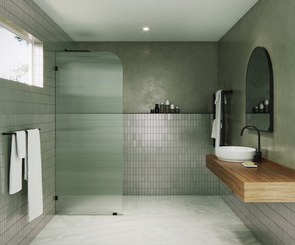 30"x78" Frameless Shower Door, Single Fixed Panel Fluted Radius, Matte Black, 30" Left