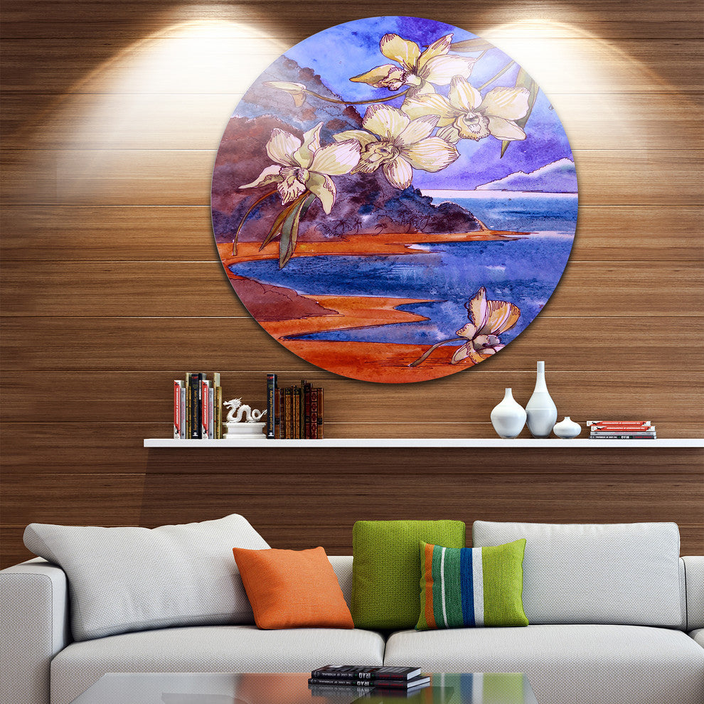 White Orchid With Sea, Floral Round Wall Art, 23"