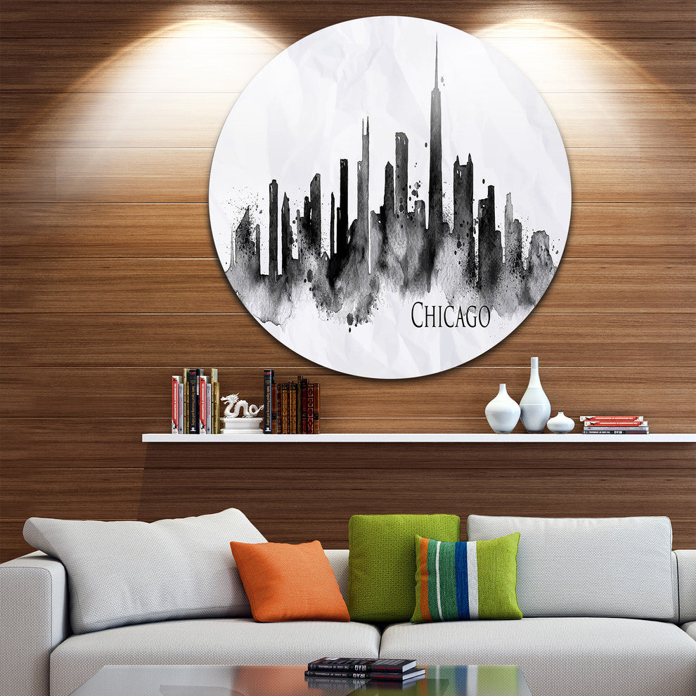 Chicago Black Silhouette, Cityscape Painting Disc Metal Wall Art, 23"