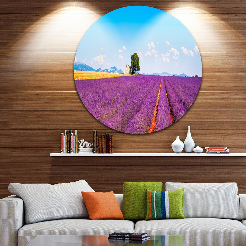 Remote House And Tree In Lavender Field, Landscape Round Artwork, 36"