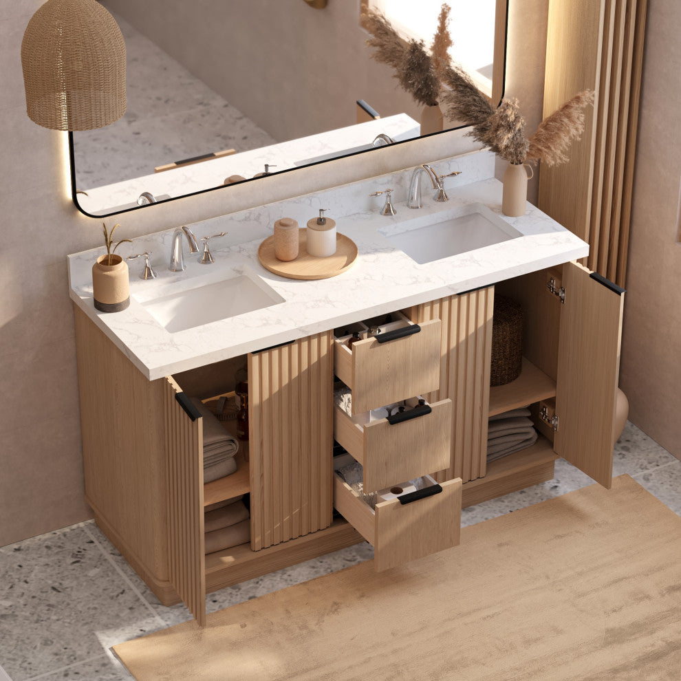Kathryn Bathroom Vanity, Light Oak, 60", Double Sink, Freestanding
