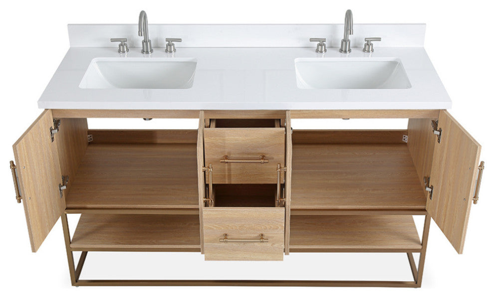 Light Oak Lima Bathroom Vanity With Open Shelf & Gold Leg Base, 60" Double Sink