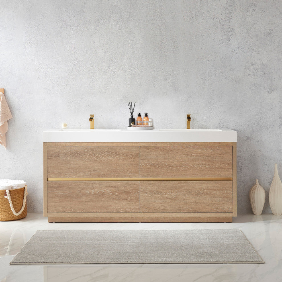 Huesca Bath Vanity, Integrated Sink Top, North American Oak, 72", Without Mirror