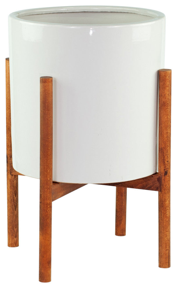 Large Ceramic Planter Pot Cylinder Planter 13" White With Plant Stand Walnut